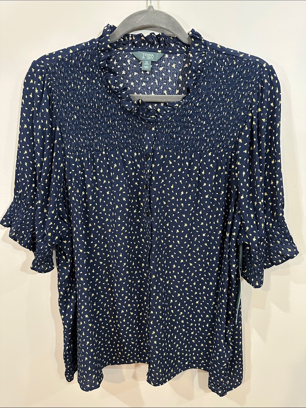 NWT Navy Blue Smocked Ruffle Blouse